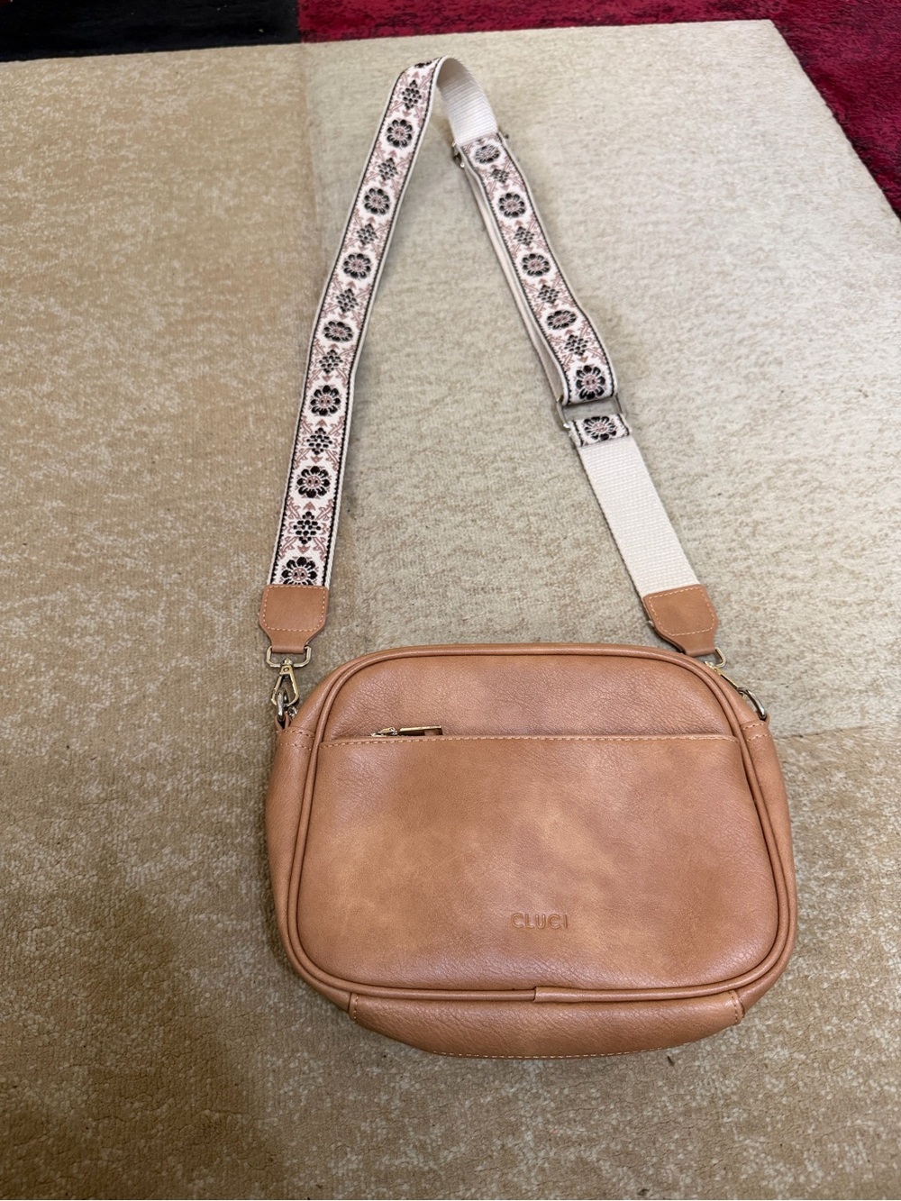 CLUCI Tan Crossbody Bohemian Camera Bag Floral Woven Wide Strap